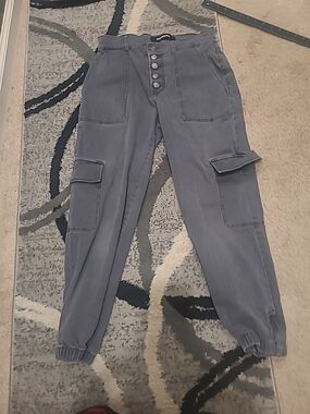 Express Womens Stretch Ankle High Rise Gray Jeans Cinched Jogger Style Button 6R